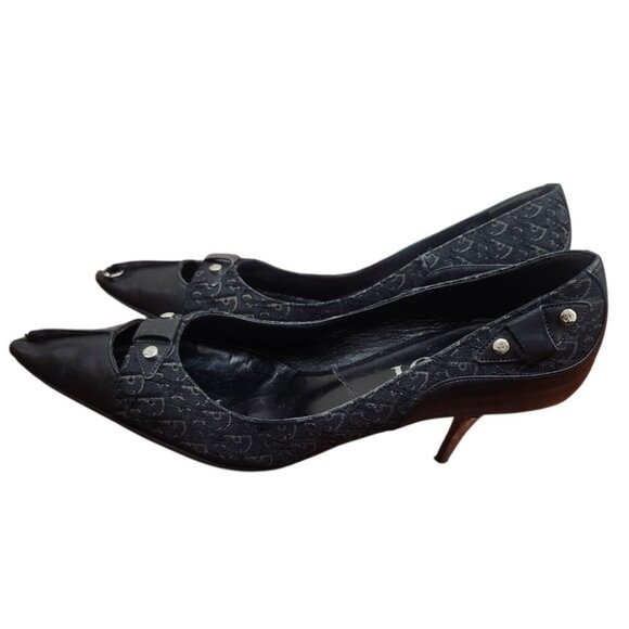 Christian Dior Monogram Heels 36 Black Logo Canvas Leather Pointed Toe Pumps - Picture 7 of 13